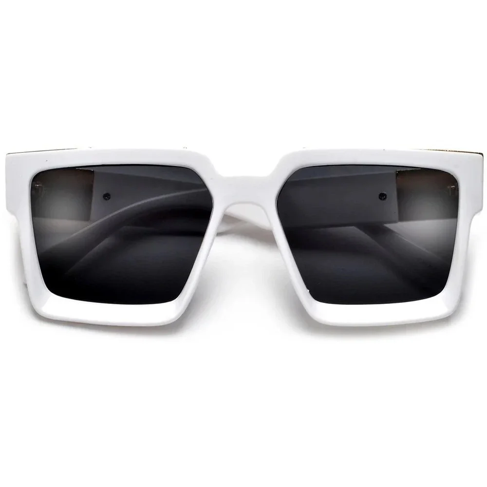 Oversized Square Sunglasses Men‎ White Frame Black Lens Gold Accents Fashion